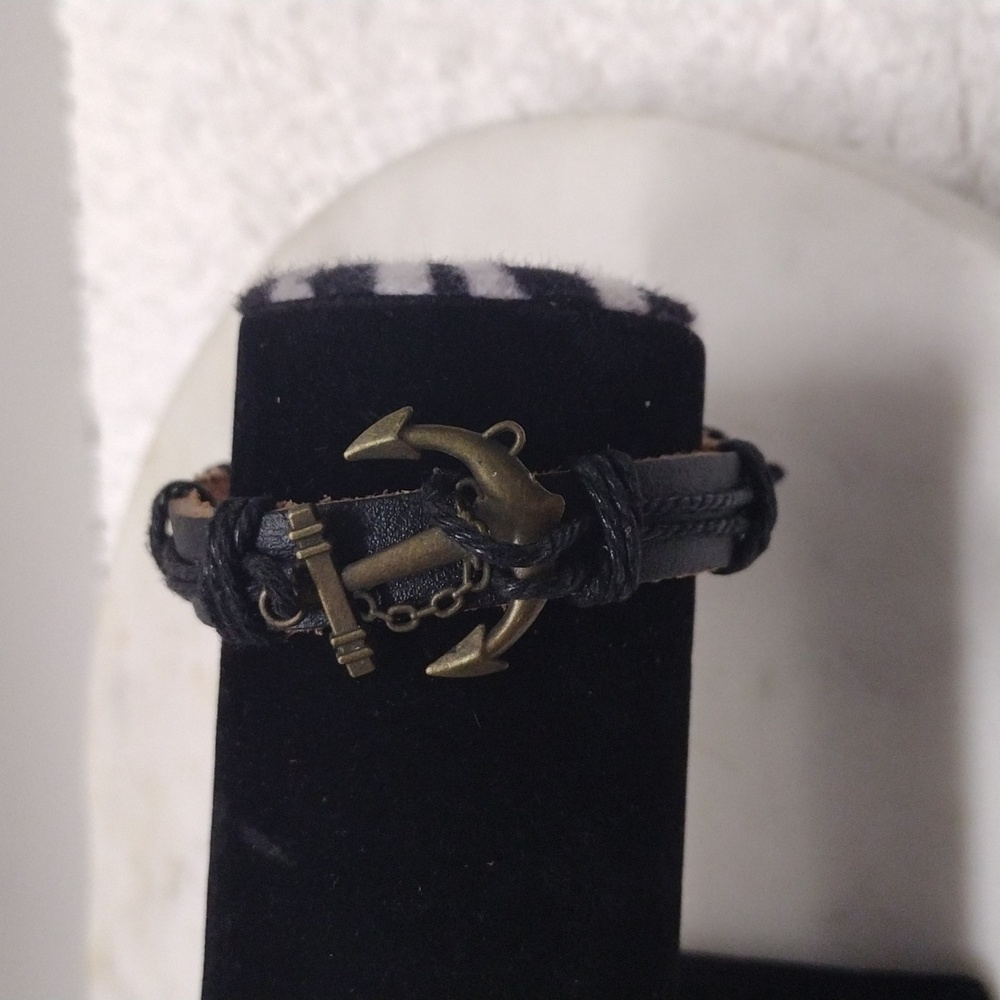 Bronze Large Anchor Black Leather Adjustable Bracelet BA-23 - Picture 5 of 8